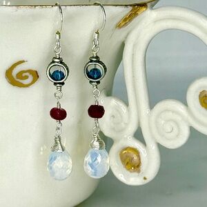 White Moonstone Blue Topaz Ruby Artisan Earrings, Sterling Silver Earrings
